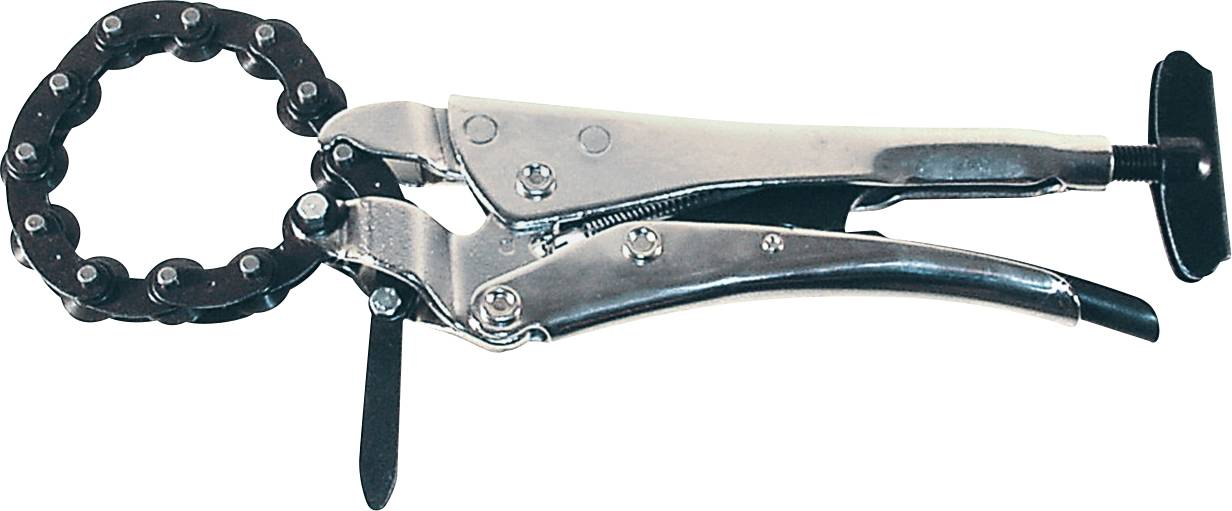 Fémláncos csatornacsillag állítható fogantyúval, amelyet csövek vagy más hengeres tárgyak megragadására és forgatására használnak.