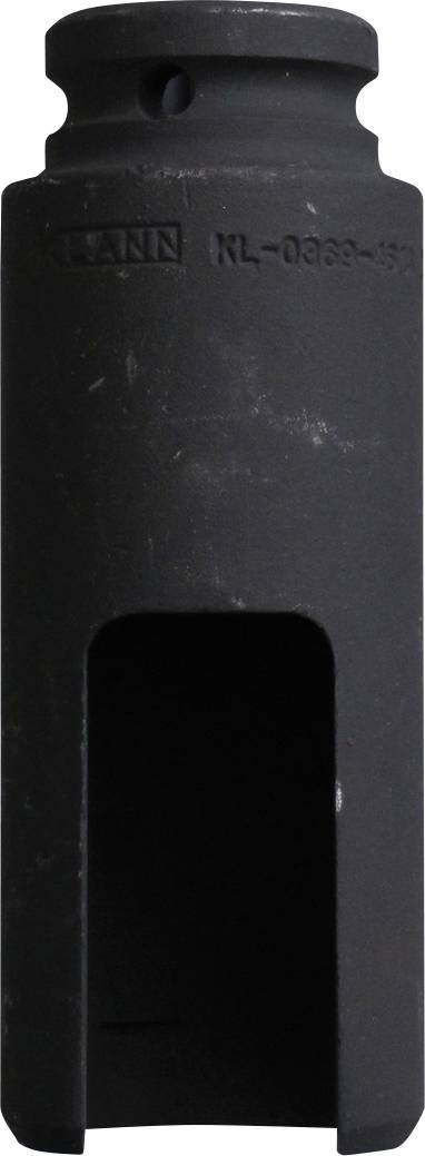 Egy hengeres szerszám üreges középponttal és nyílással, valószínűleg mechanikai vagy ipari alkalmazásokhoz használt. Fekete és textúrált felületű.