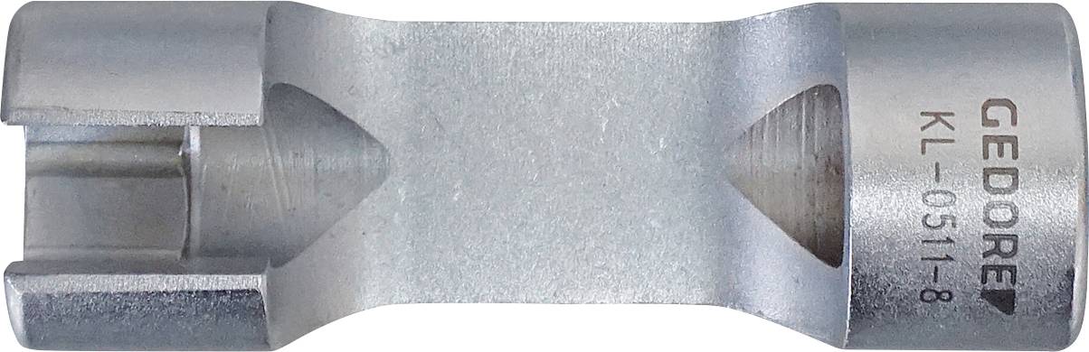 'Egy fém csavarkulcs szerszám „GEDORE KL-0511-8" felirattal, nyitott foglalat kialakítással és kivágott részekkel a fogáshoz.'