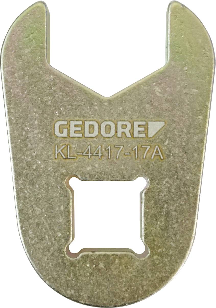 Egy fémes villáskulcs-adapter U-alakú fejjel és négyzet alakú nyílással az alapnál, felületén a „GEDORE KL-4417-17A" felirattal.