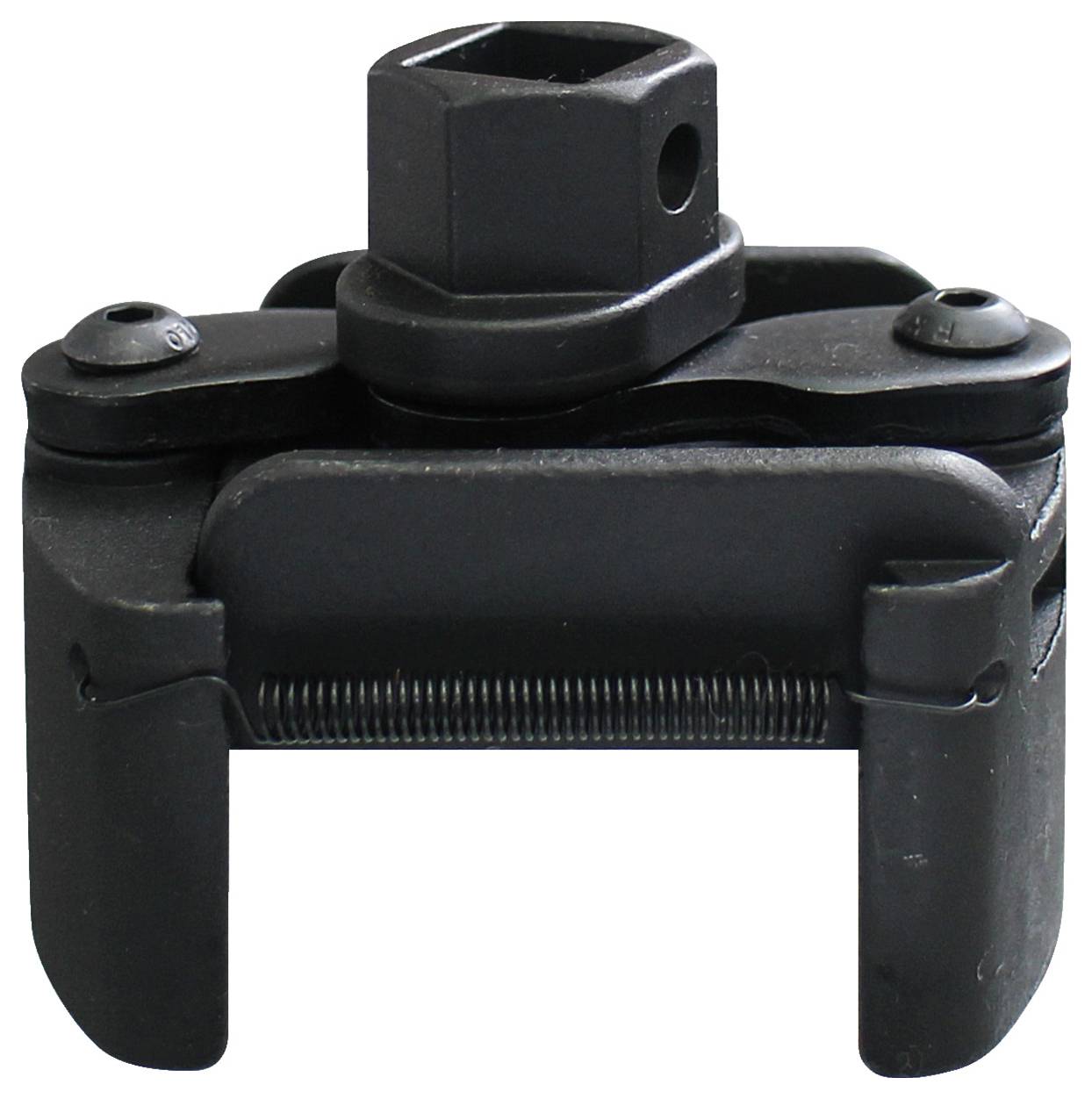 Állítható olajszűrő kulcs fém karokkal és központi szorítómechanizmussal, amelyet járművek olajszűrőjének eltávolítására vagy szerelésére használnak.