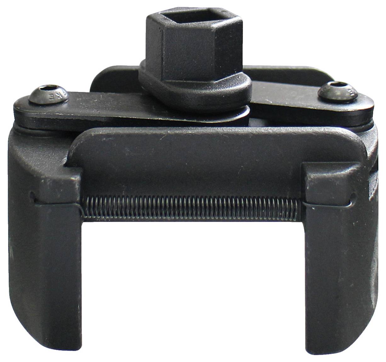 Fekete, állítható olajszűrő-kulcs hexagonális fejjel, az autószervizelésben a szűrők megfogásához és fordításához tervezett.