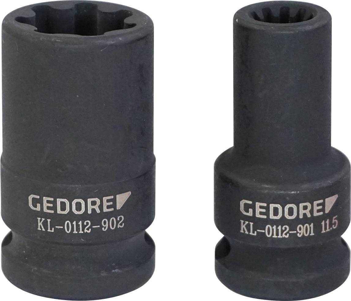 Két fekete Gedore csatlakozódugó különböző méretekben, amelyeken a „KL-0112-902" és a „KL-0112-901 11.5" felirat látható. Járműkerékanya csavarásához használatosak.