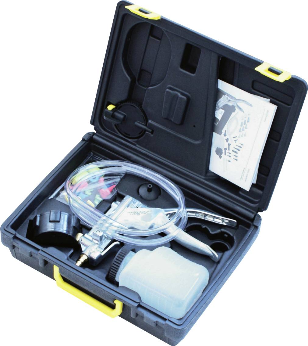 Nyitott műanyag hordtáska fékcsökkentő szerszámkészlettel, amely különféle tartozékokat, egy átlátszó folyadéktartályt és útmutatót tartalmaz.