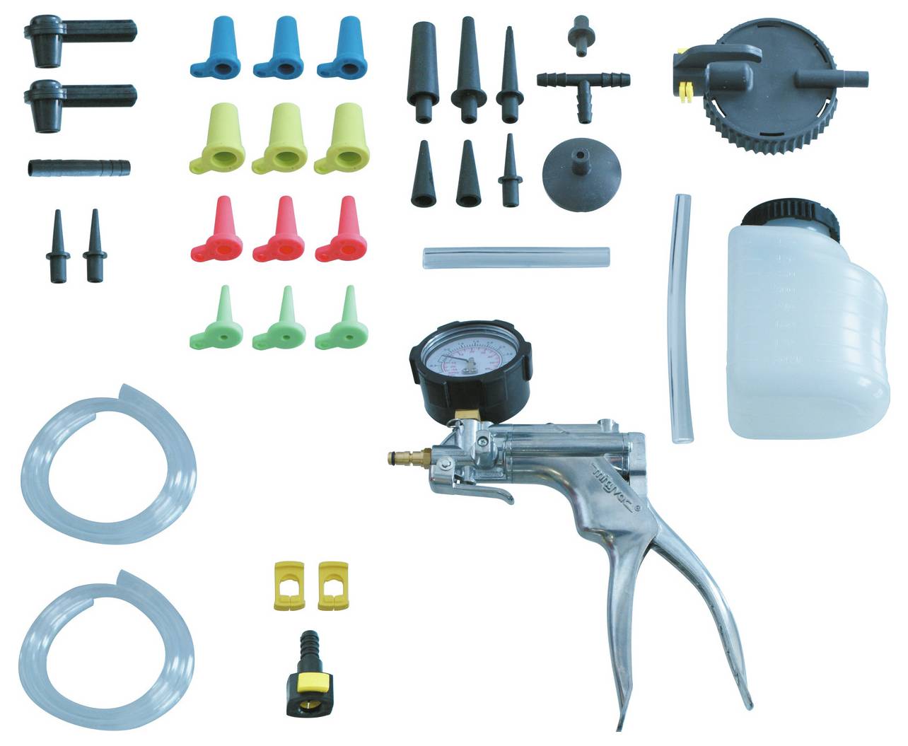 Vákuumszivattyú készlet különféle fúvókákkal, csatornázással, csatlakozó darabokkal, nyomásmérővel és folyadéktartállyal, amelyet féklevegőztetéshez vagy folyadékfelszíváshoz használnak.