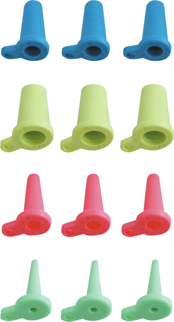Négy pár kúpos tárgy kékben, világoszöldben, rózsaszínben és türkizben, függőlegesen két oszlopban elrendezve.