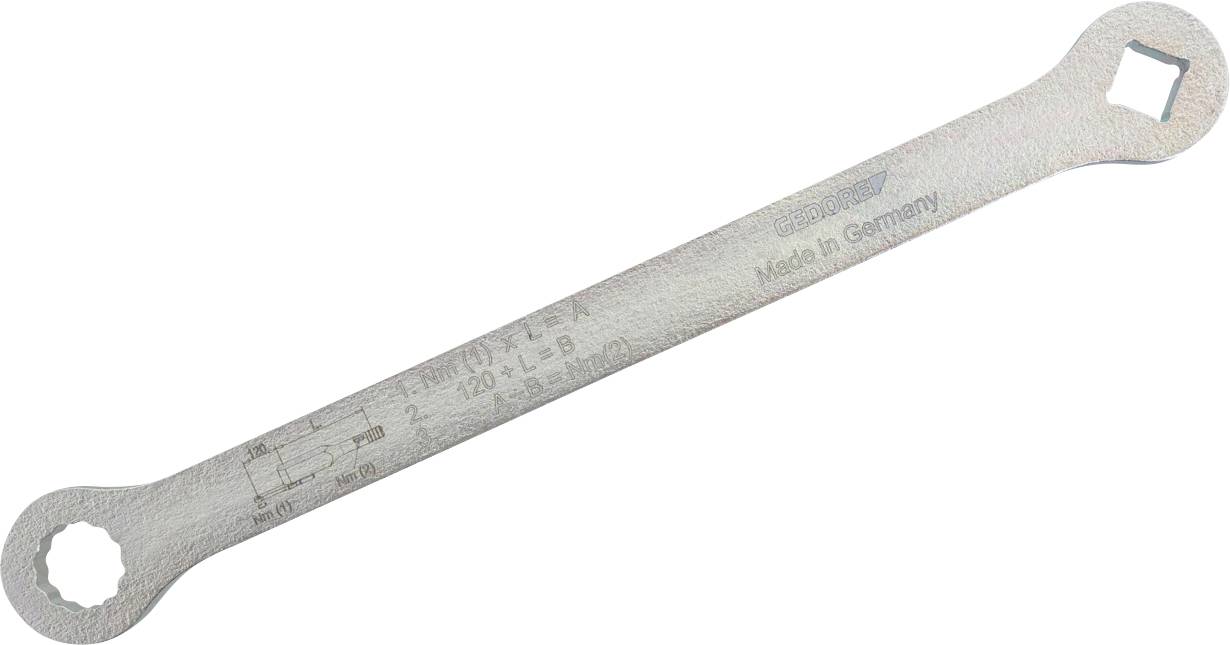 Egy fémes csavarkulcs mérési jelölésekkel és „Made in Germany" szöveggel gravírozva, amely specifikus autóipari beállításokhoz lett tervezve.