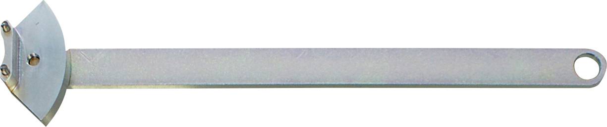 Egy fém villáskulcs lapos, megnyúlt nyéllel és három szöggel ellátott háromszög alakú fejjel, amely speciális mechanikai alkalmazásokhoz használatos.