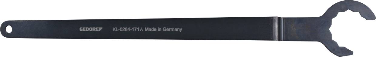 'Egy fekete fém csavarkulcs kör alakú nyílással, 'GEDORE' márkájú, 'AL-COM, 711.8, Made in Germany' felirattal.'
