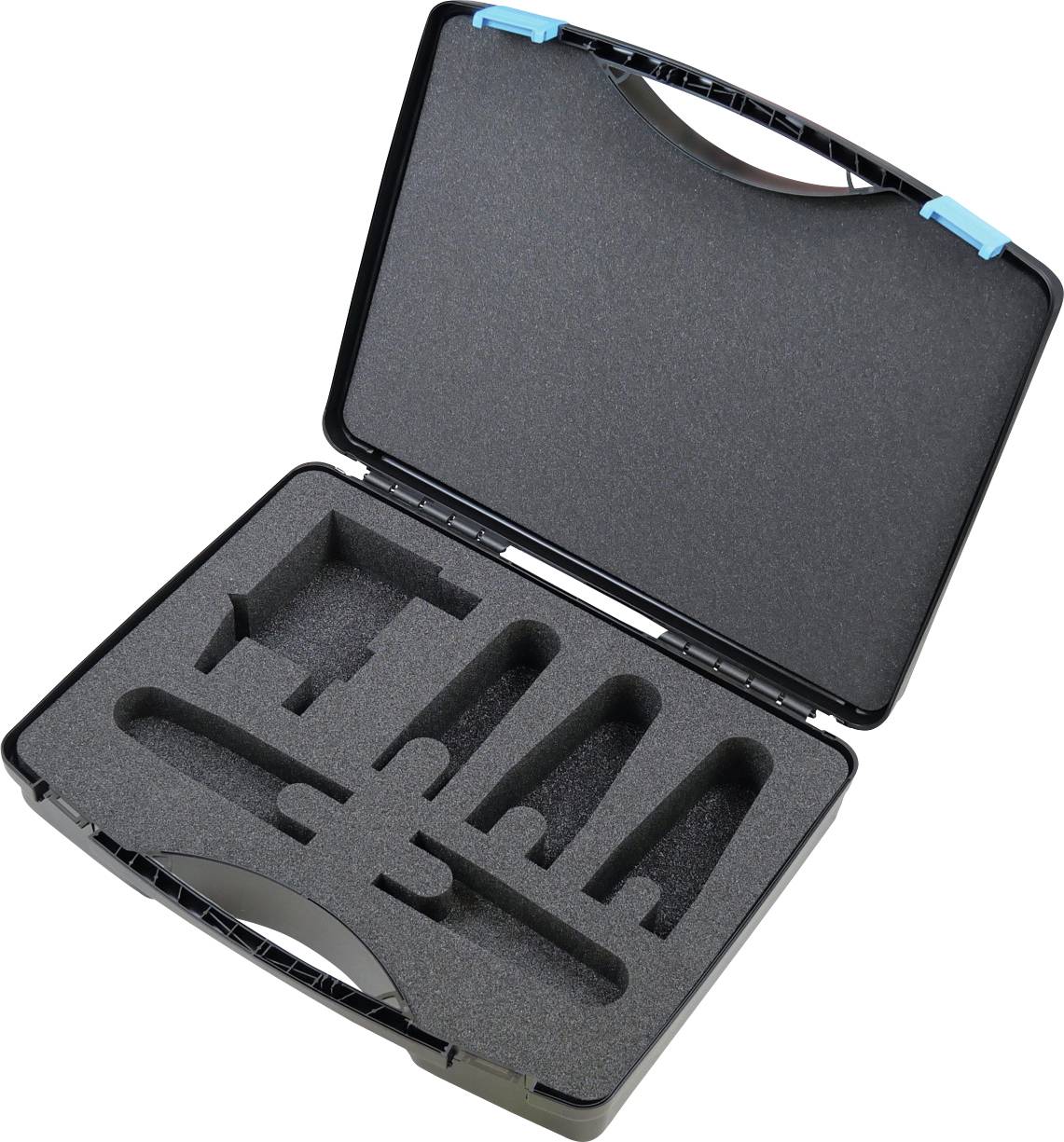 Nyitott fekete szállító táska habszigetelt betétekkel, különböző rekeszekkel felszerelve, amely különféle tárgyak vagy szerszámok biztonságos tárolására lett tervezve.