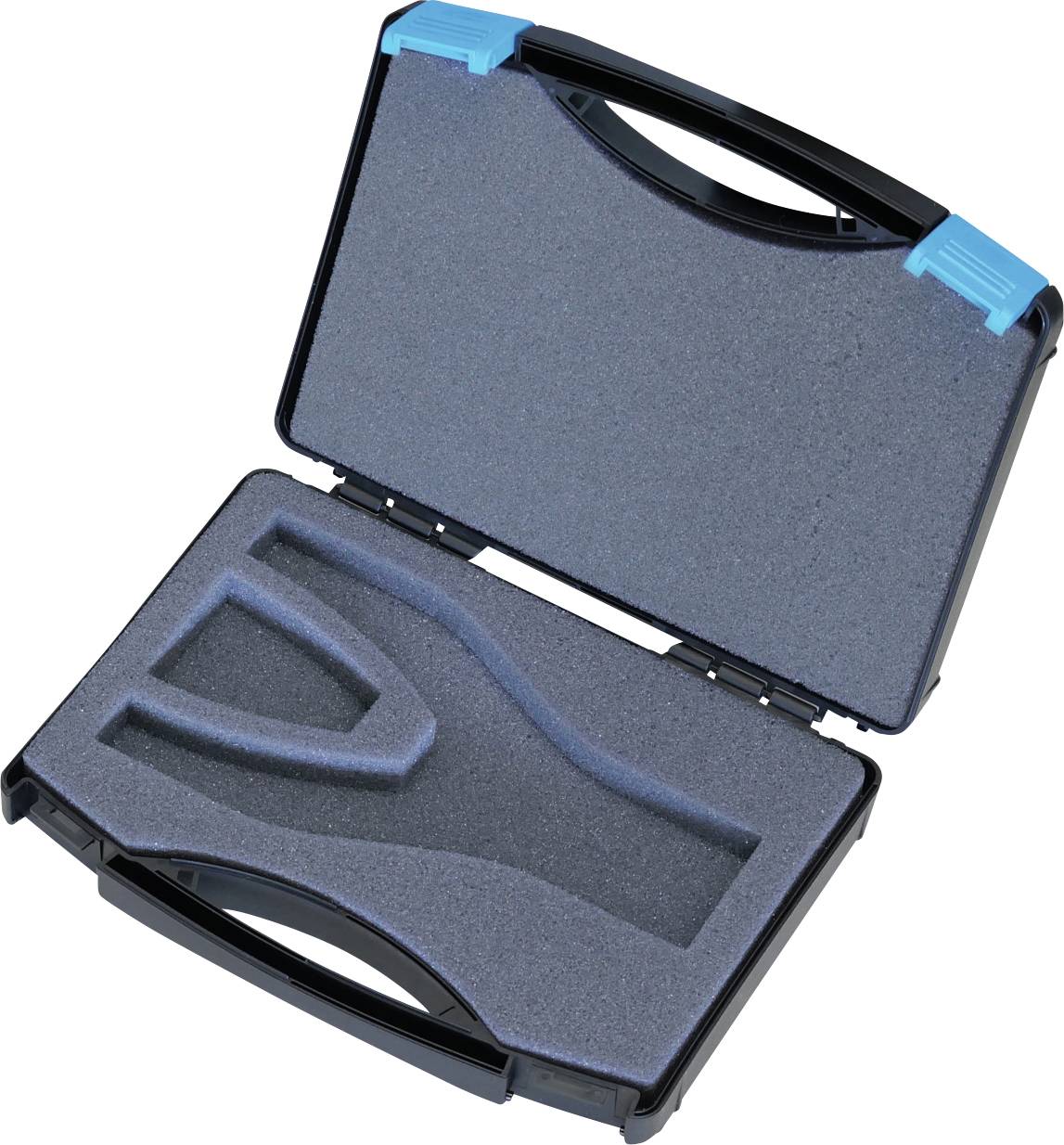 Egy üres, nyitott fekete szállítótáska egyedi habszivacs betéttel, amely egy specifikus eszköz vagy eszközöz tartására van alakítva, fehér háttéren helyezve.