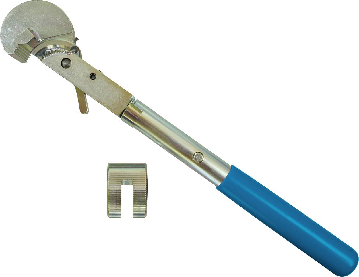 Egy körkörös pengéjű csempevágó szerszám kék fogantyúval, amelyhez egy kis fém kiegészítő tartozék jár.