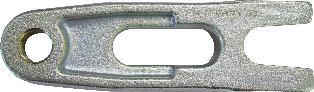 Egy fémből készült, U alakú konzol, az egyik végén kerek furattal és a közepén hosszúkás kivágással, valószínűleg rögzítéshez vagy szereléshez használt.