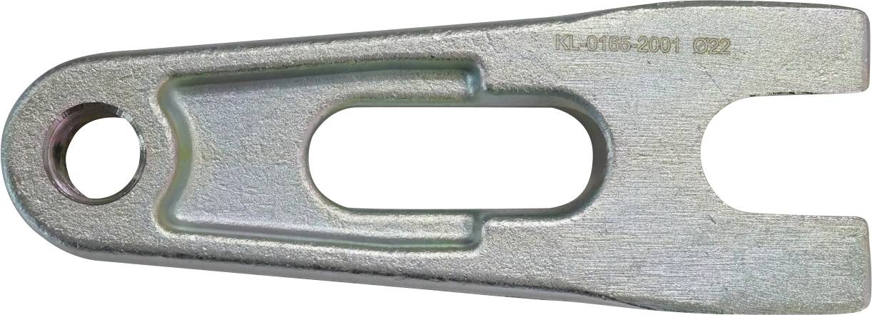 Egy ezüst fém villás konzol, egyik végén lyukkal és a felületén gravírozott „10.9-50.201 B22" felirattal.