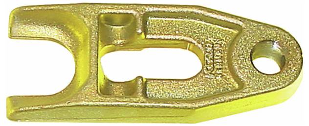 Arany színű U alakú fém villás felfüggesztő csatorna, egyik végén lyukkal, amely építőiparban vagy mechanikai berendezésekben tárgyak rögzítésére szolgál.