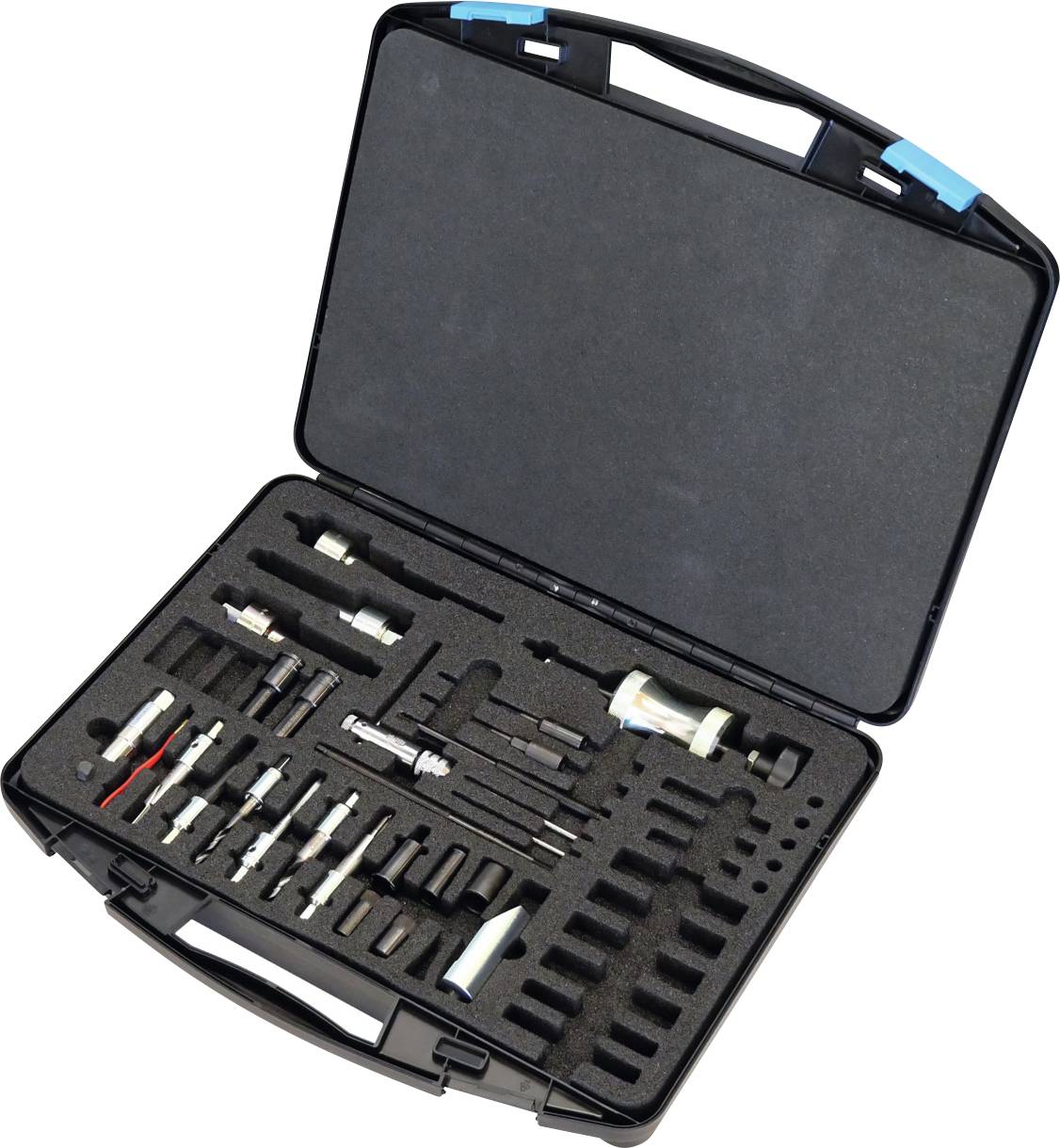 Egy nyitott fekete szerszámtáska különféle csavarkulcsokkal, csavarhúzókkal és egyéb szerszámokkal, amelyek habszivárvány-nyílásokba rendezve vannak.
