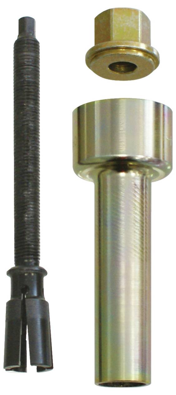 Egy háromrészes autóipari szerszámkészlet, amely egy hosszú, hasított végű csavart, egy mély foglalatot és egy hatszögletű anyát tartalmaz, autójavítási feladatokhoz használatos.