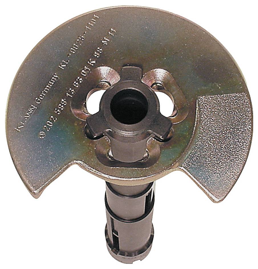 Egy fém alkatrész kerek, bevágott tetővel és alatta lévő hengeres szárral, mechanikai vagy ipari alkalmazásokban használatos.