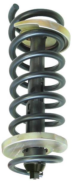 Egy autó tekercs rugó lengéscsillapító szerkezettel. A rugó fekete és egy fémrúd körül tekeredik, felül és alul fém lemezeket tartalmaz.