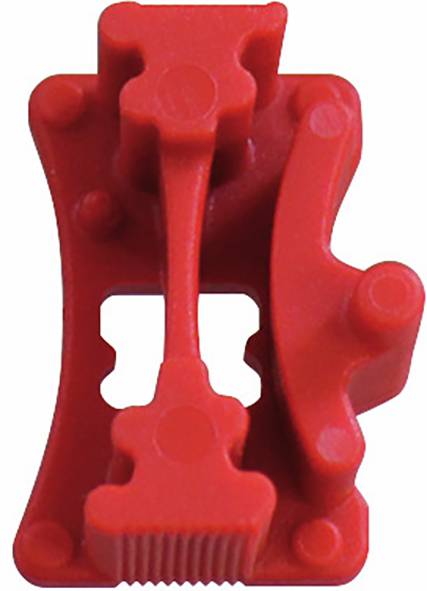 Egy piros LEGO alkatrész egyedi formájú kialakítással, több csatlakozóval és egy ívelt szakasszal, bonyolult építmények megtervezésére szolgál.