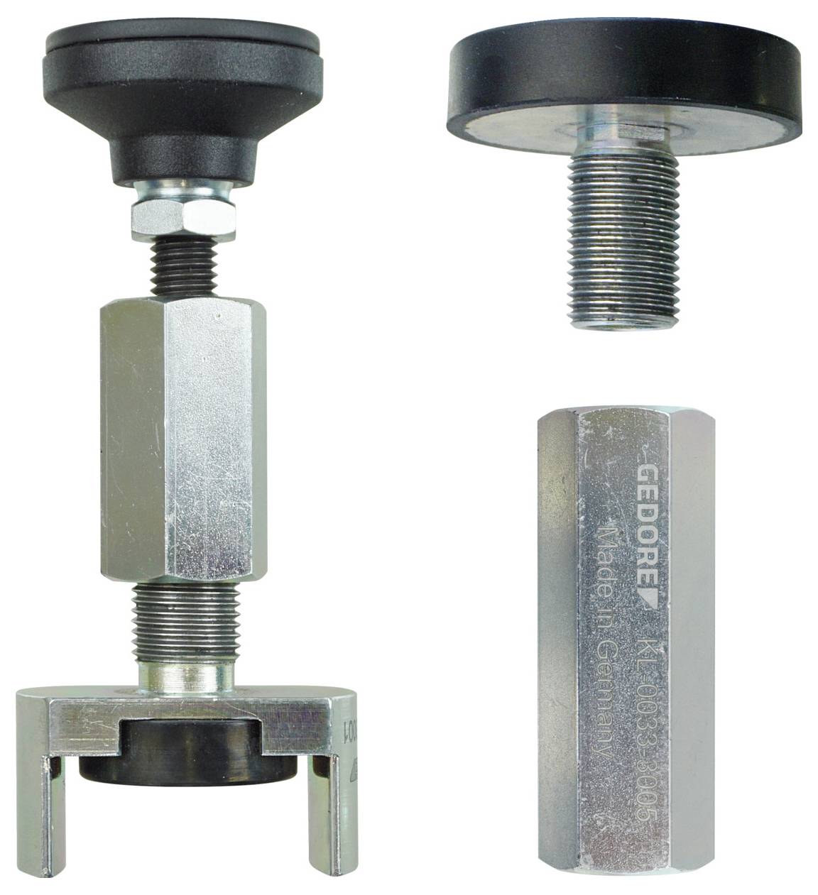 Három darabból álló autóipari szerszámkészlet, amely egy szíjtárcsa-húzót és egy adaptert tartalmaz. A készlet a komponenseket függőleges elrendezésben mutatja be.