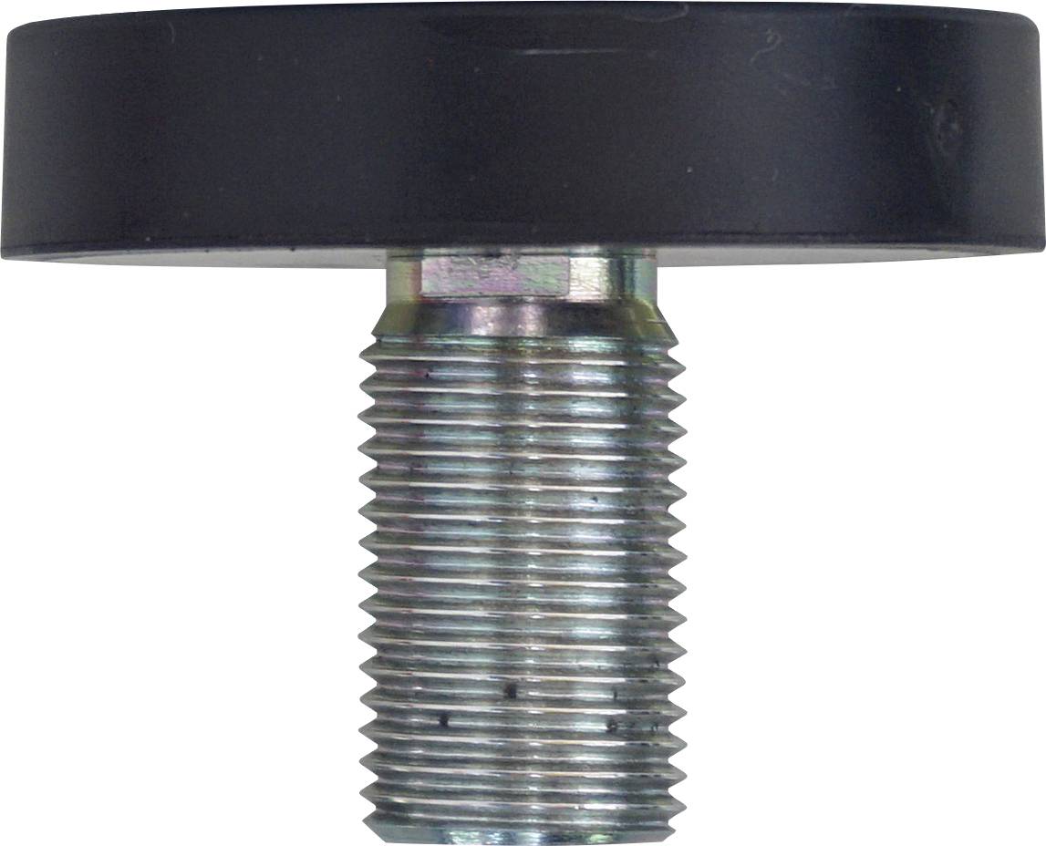 Egy fém menetes csavar, amely széles, lapos fekete tetővel rendelkezik, függőlegesen van kiállítva, ami arra utal, hogy rögzítőegység-alkatrészről van szó.