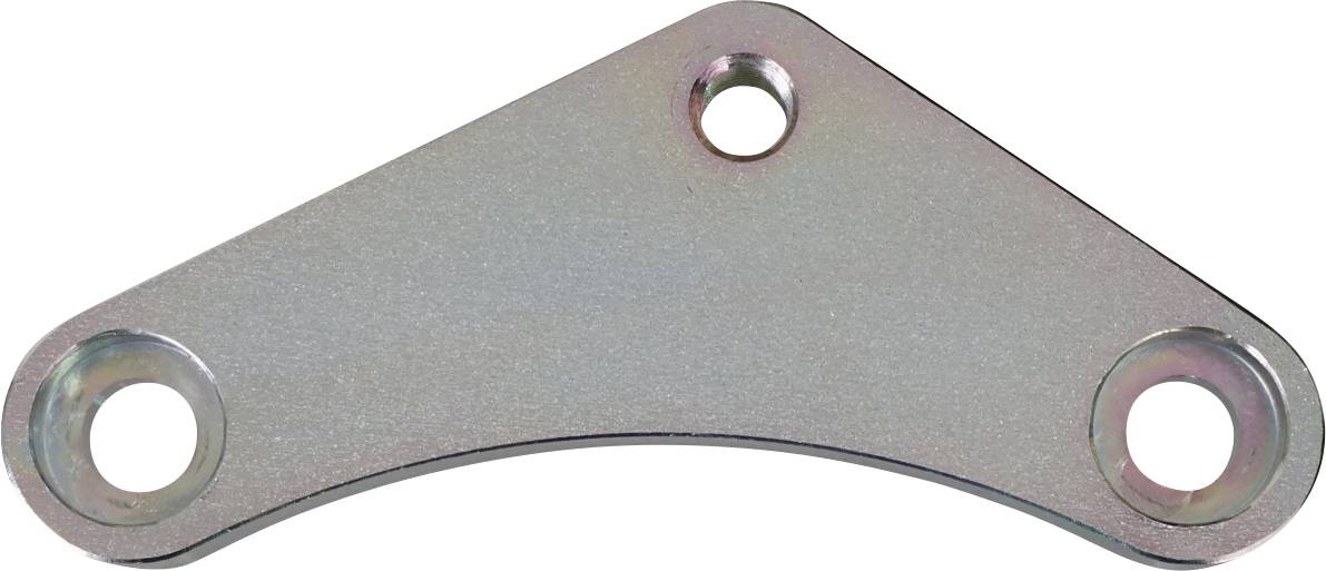 Háromszögletű fémlemez három kör alakú furattal, valószínűleg szerelési vagy szerkezeti támogatási célokra.