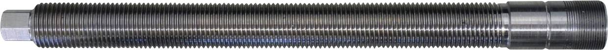 Egy fém hengeres rúd, amely részletes menettel rendelkezik a hossza túlnyomó részén, és hatszögletű szakaszban végződik, valószínűleg gépészetben vagy építkezésben használt.