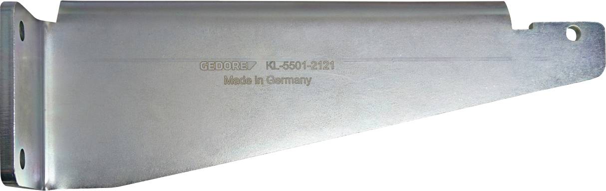 Fém tartókonzol egy lyukkal a rögzítéshez, jelöléssel 'GEORGE KL-5601-2121 Made in Germany'. Polcok vagy hasonló felhasználások támogatására alkalmas.