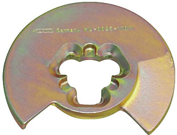 "Audi Spline M14" megjelöléssel ellátott, egyedi alakú és több kivágással rendelkező fém szerszám, amelyet autóipari alkalmazásokhoz használnak.