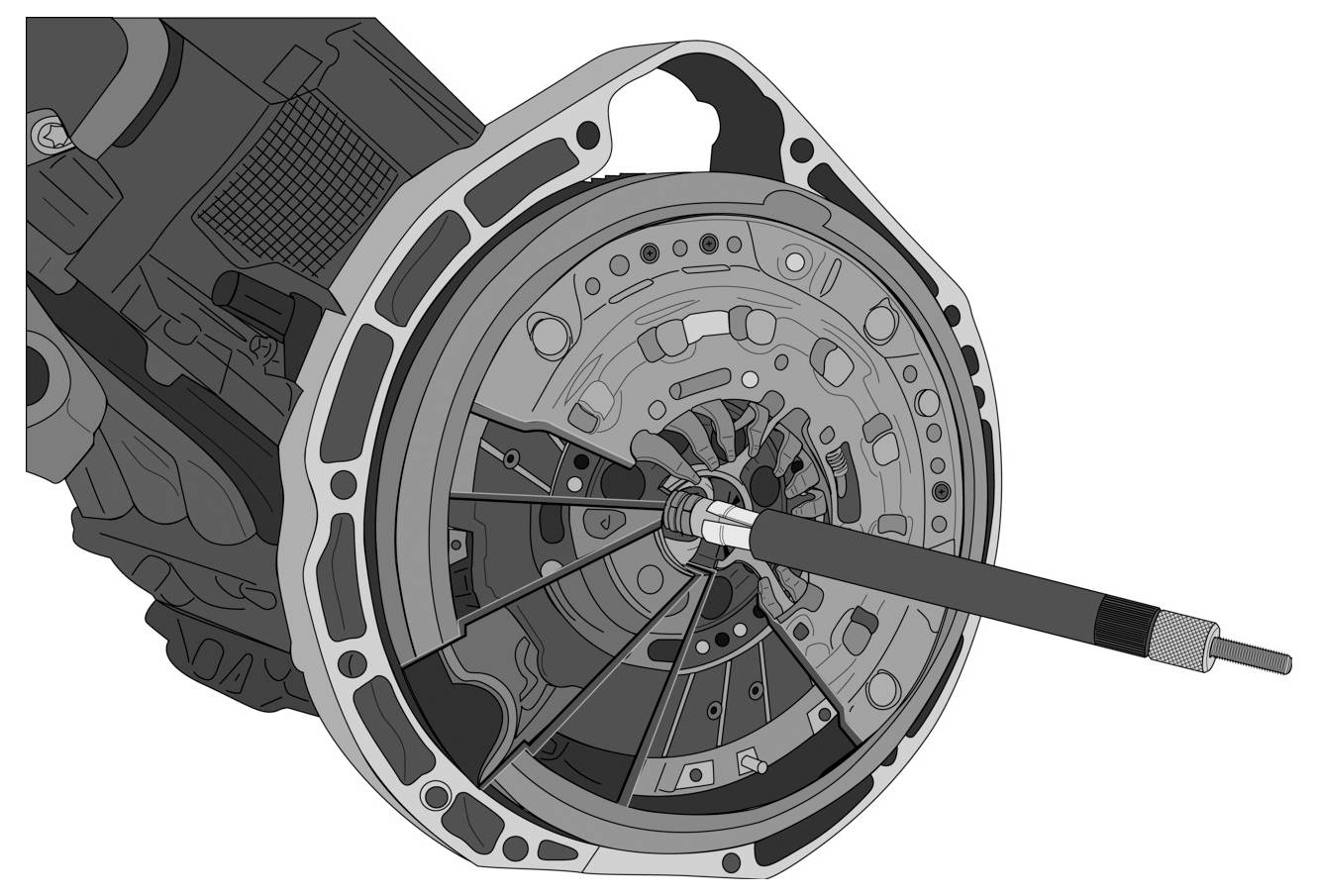 'Az autó lendkerék húzó szerszámának illusztrációja használat közben, amely a sebességváltó rendszer kivágatnézetében részletesen mutatja a mechanikus alkatrészeket.'