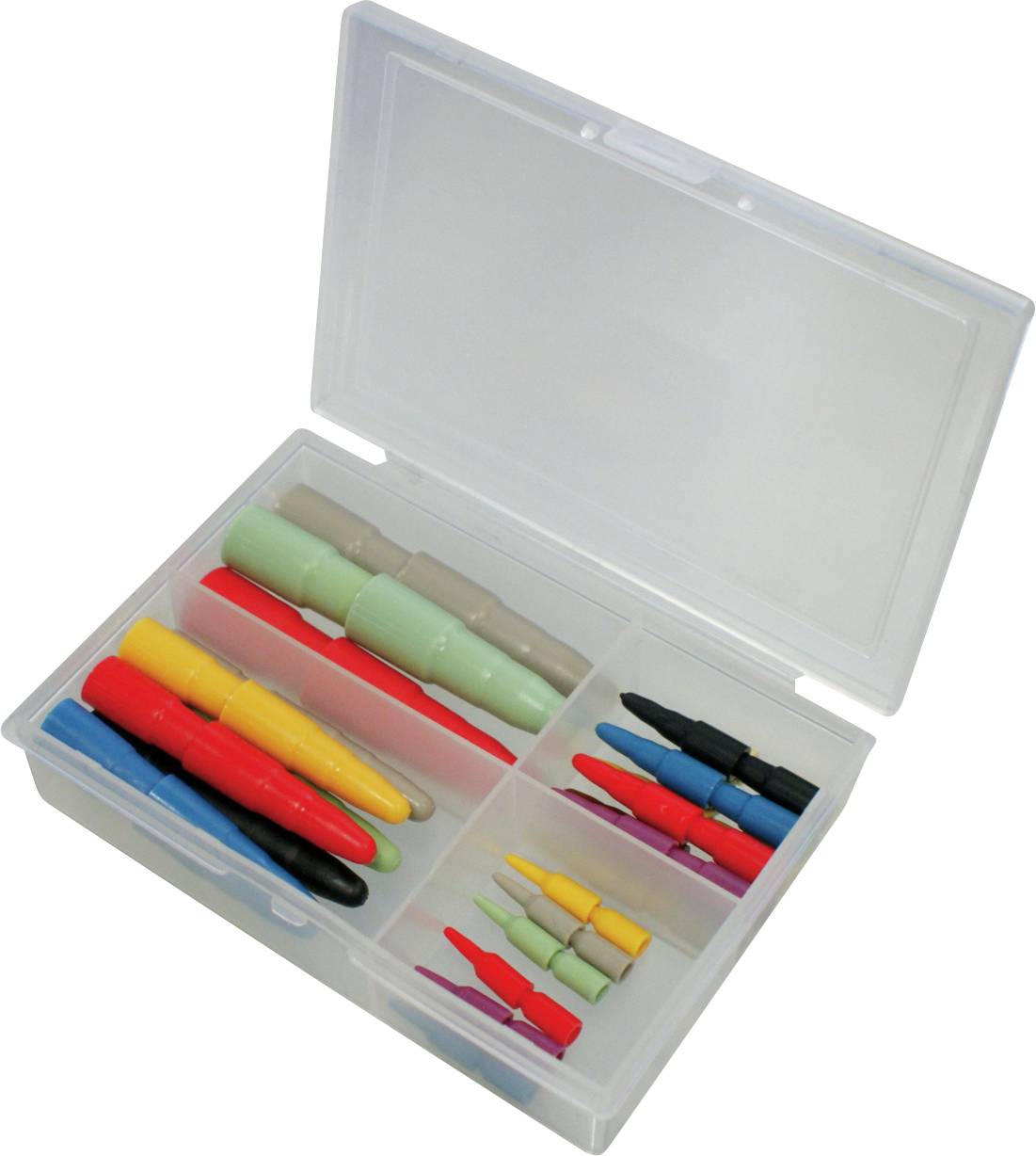 'Műanyag tárolódoboz, különböző színes szigetelt csatlakozókkal és klemenciákkal, elektromos felhasználásra készült külön rekeszekben.'