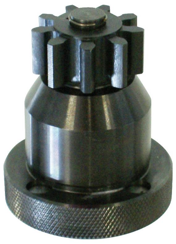 Fém szerszám hengeres alappal, bordázott fogantyúval és fogaskerék szerű tetejével. Alkalmas megmunkálásra vagy mechanikai alkalmazásokra.