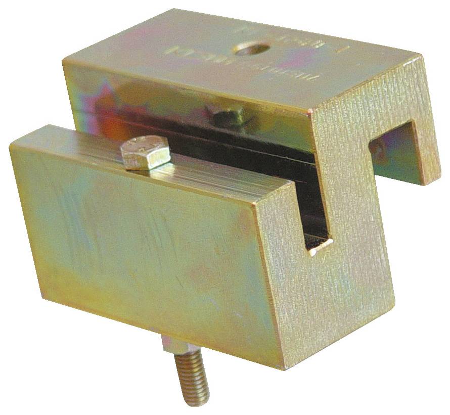 Fémes bilincs állítható csavarral, amelyet tárgyak rögzítésére használnak. A bilincs arany felülettel rendelkezik, téglalap alakú és hornyolt nyílással bír.