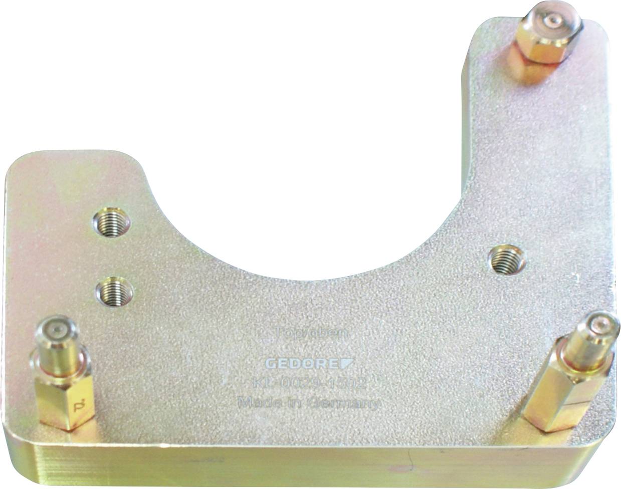 Fém autóipari szerszámlemez négy hengeres csatlakozással, alkatrészek rögzítésére vagy igazítására használt, a "GEBORE" márkával.