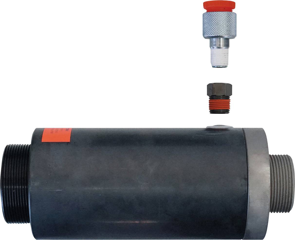 'Egy hengeres hidraulikus alkatrész képe, menetes furattal, fölötte két külön menetes csatlakozóval, az egyik ezüst és az egyik piros.'