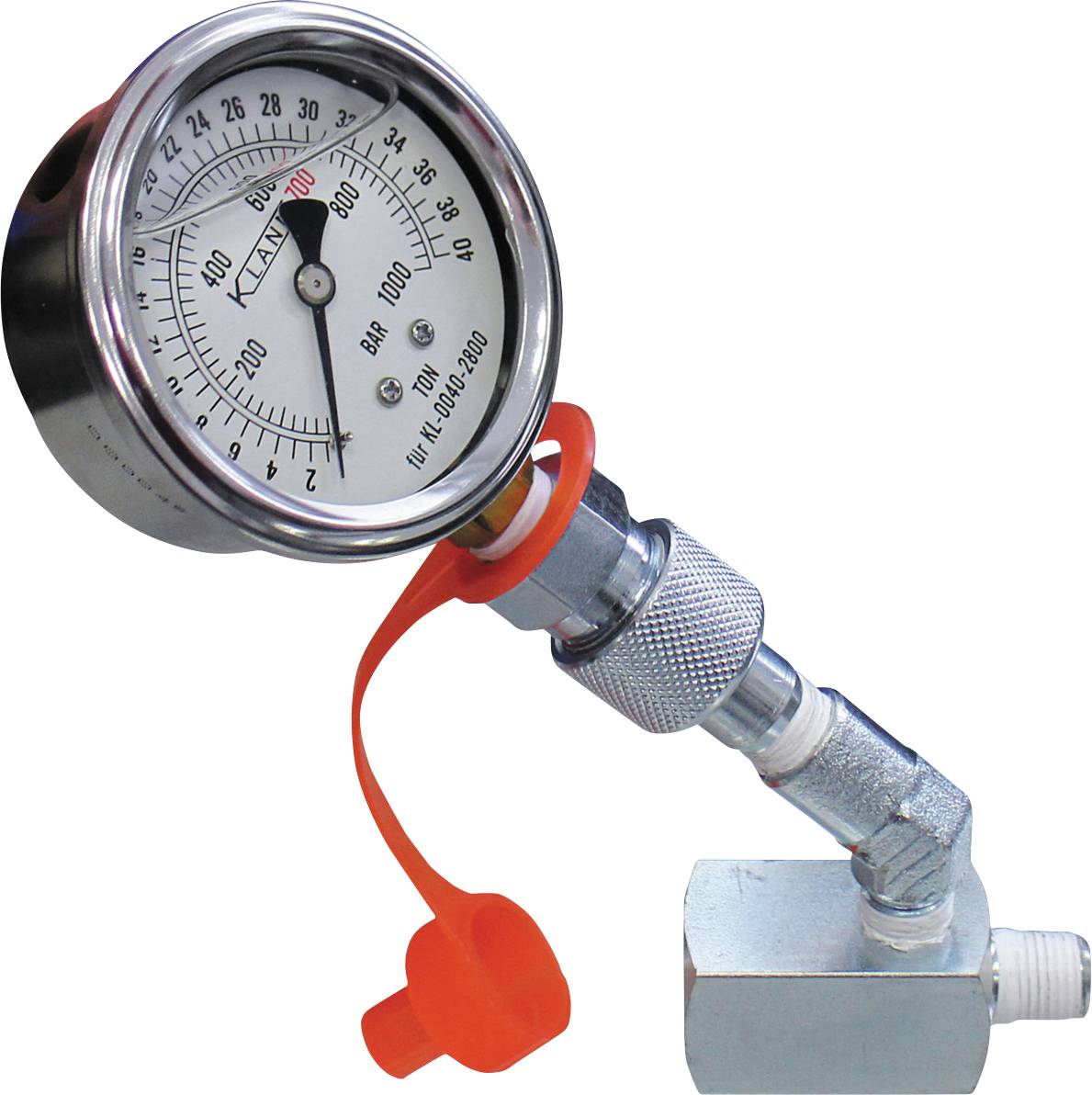 Egy 1000 BAR-t mutató nyomásmérő, amely egy fémcsőhöz van csatlakoztatva, és egy piros biztonsági sapka van rá szerelve.