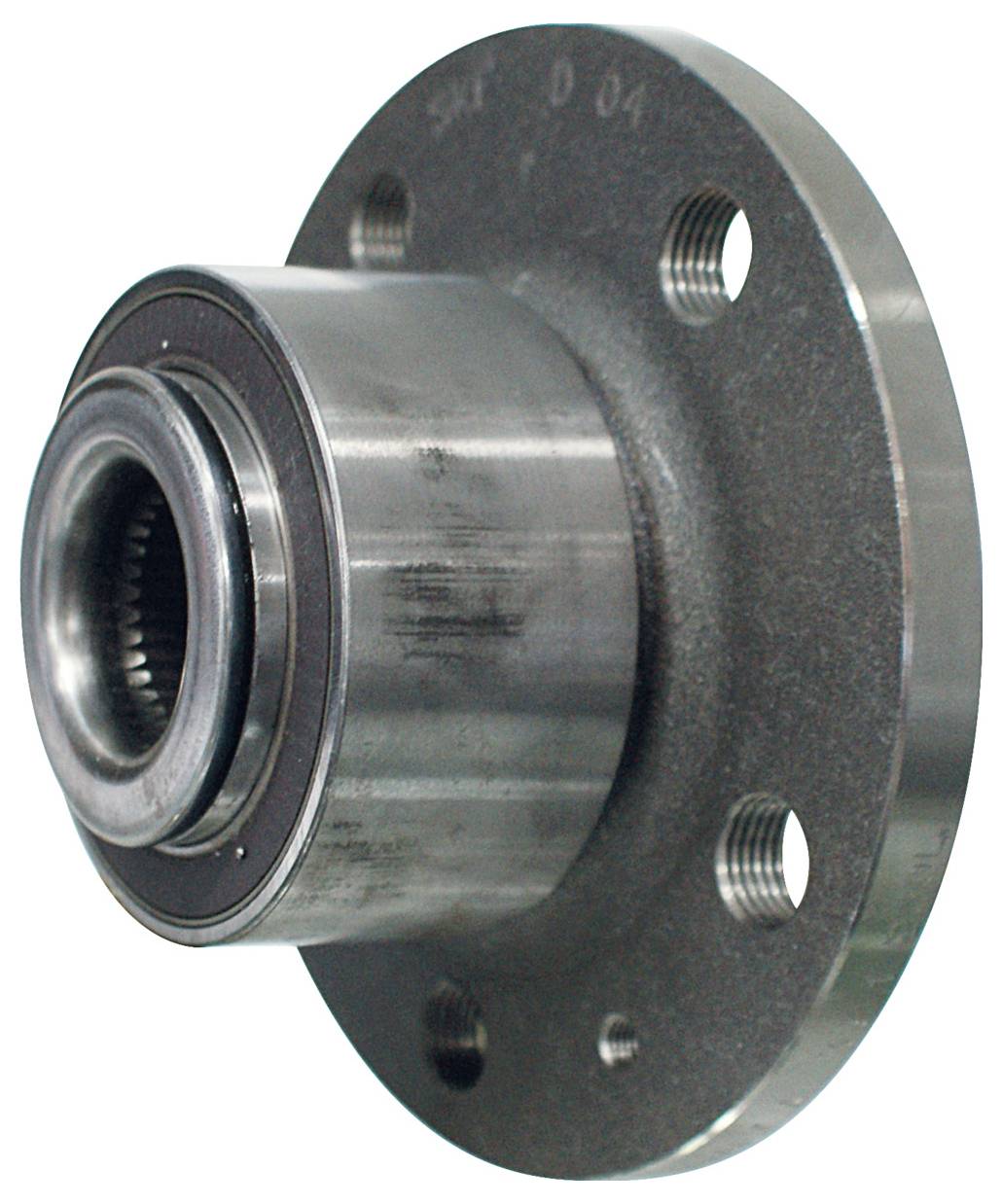 'Fém kerekagycsapágy körkörös karimával és több csavarlyukkal, autóipari felhasználásra tervezve, polírozott fémbevonattal.'