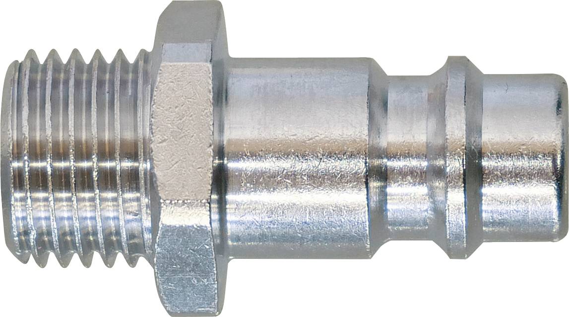 Fém légcsatorna-csatlakozó, menetes és sima szakaszokkal, amely az egyéb eszközökhöz vagy gépekhez való csatlakozás biztosítására szolgál.