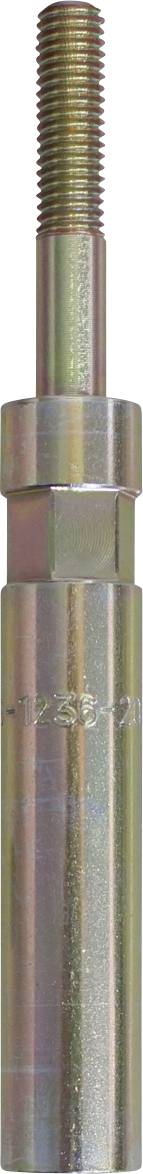 Egy fémes menettel ellátott rúd középen hatszögletű anyával, fényes felülettel.