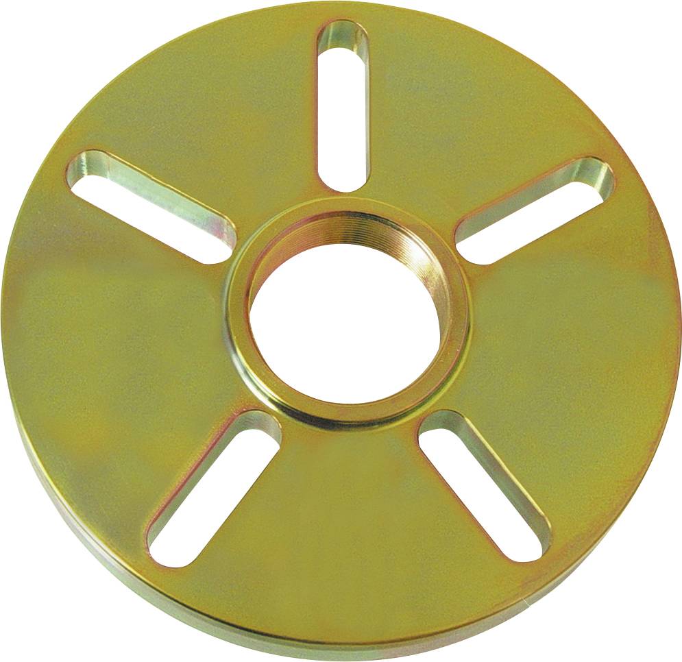 Egy kerek, fém ventilátortávolságtartó öt egyenletes távolságra elhelyezkedő résszel, amelyet egy központi tengely fölé lehet rögzíteni szerelési célokra.