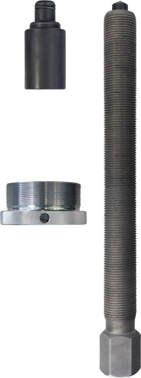 Egy háromrészes mechanikai szerszámkészlet, amely tartalmaz egy hosszú menetes rudat, egy fekete hengeres alkatrészt és egy kerek, hornyolt fémfelületű darabot.