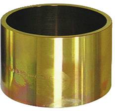 Egy hengeres, fém, bronzszínű csapágy sima tükrös felülettel, a gépezetek súrlódáscsökkentésére használt.