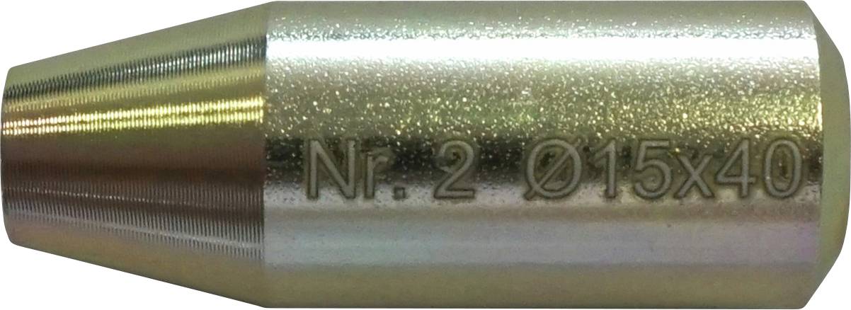Fém fúvóka a "Nr. 2 Ø15x40" gravírozással. A felület fényes, a keskenyebb végén csavarmenettel ellátott kialakítás.