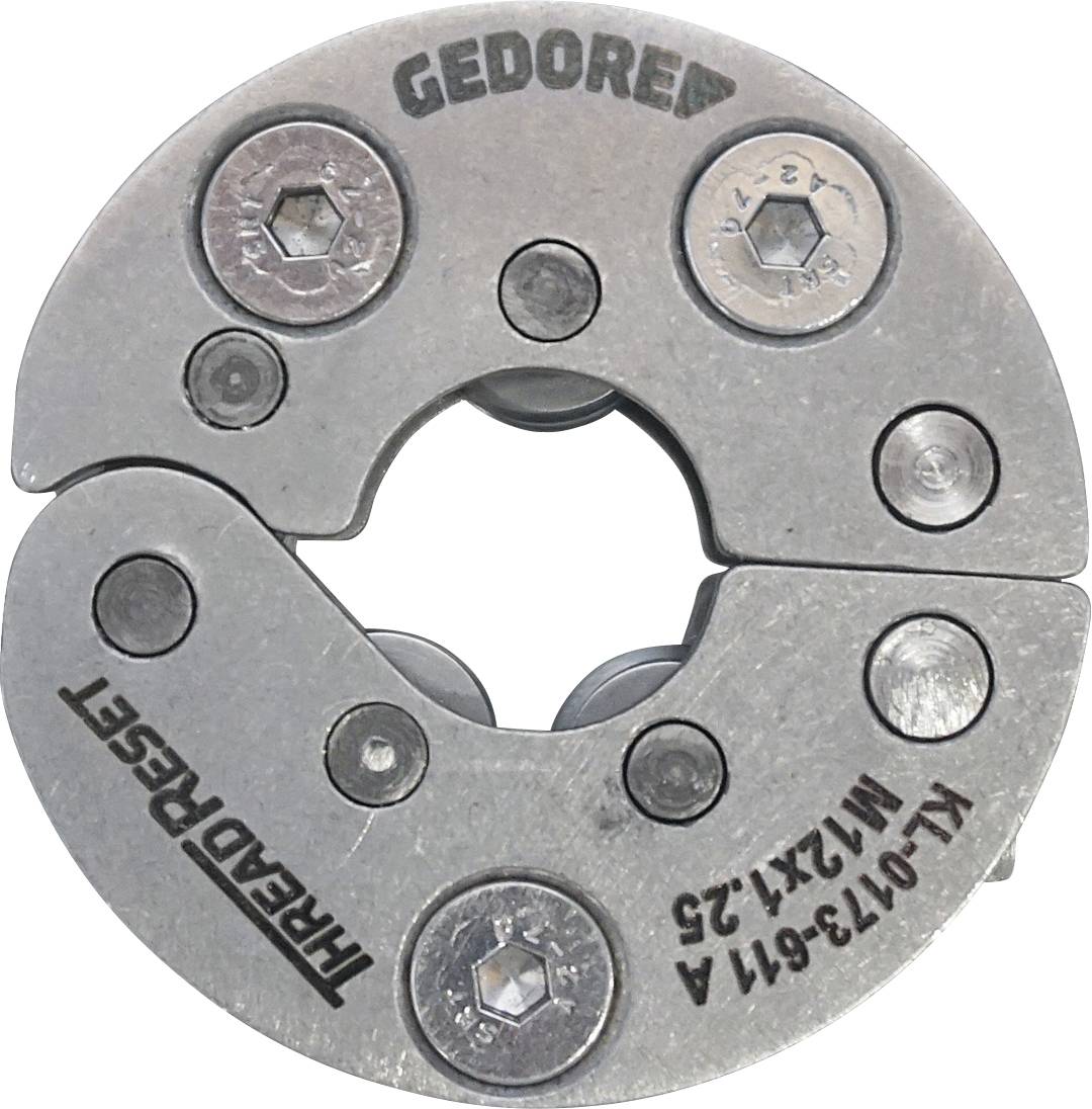 „GEDORE" felirattal ellátott fémmenet-behelyezési szerszám „THREADRESET" gravírozással, hatszögletű csavarokkal és kör alakú kialakítással.