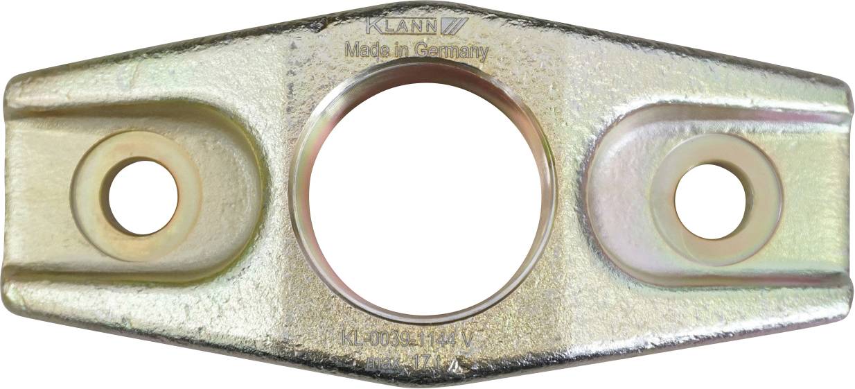 Egy fémből készült tartóelem három lyukkal, amelyen a "Klein Made in Germany" felirat látható. A középső lyuk nagyobb, melyet két kisebb lyuk vesz körül. Rozsdamentes felület.