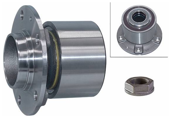 Egy kerékagycsapágy-szerelv csapággyal, karimával és rögzített csavarokkal. Tartalmaz egy hatszögletű anyát. Járművekben használatos a kerék sima forgásához.