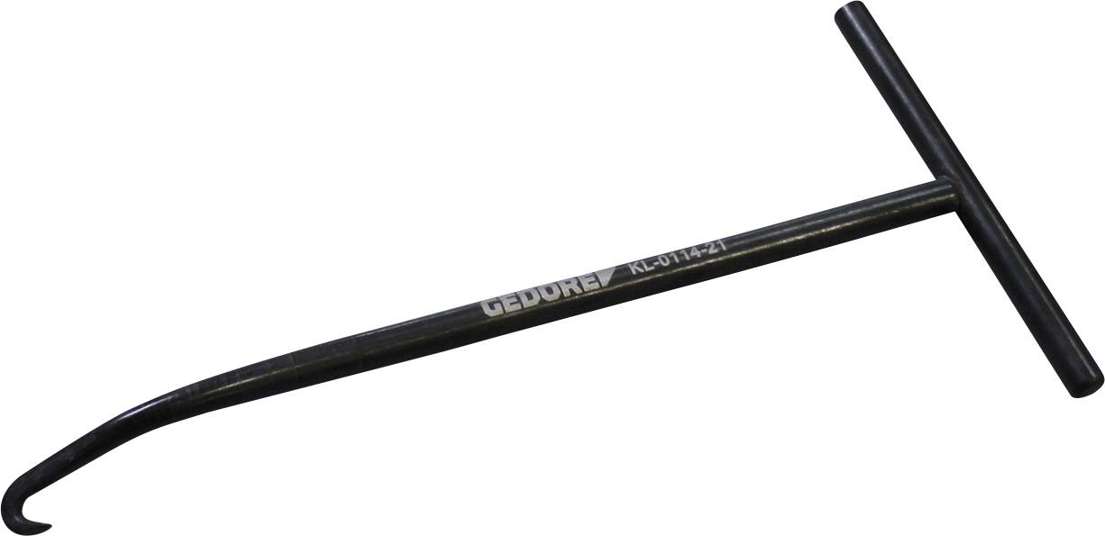 Fém T-fogantyús szerszám egy horgával az egyik végén, „GEDORE KL-0174-21" felirattal, húzásra vagy feszítésre használatos.