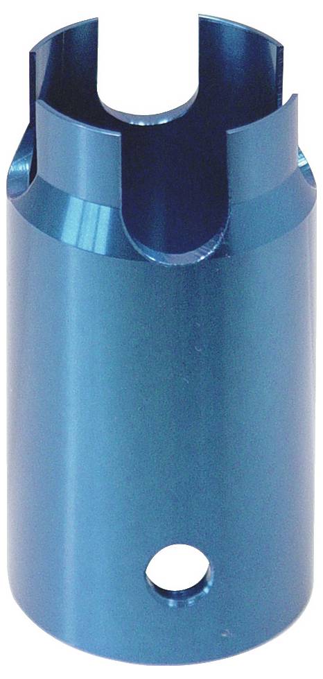 Egy kék fémes mechanikus alkatrész hengeres alakkal, nyitott tetővel és egyetlen kerek lyukkal az alsó oldalon, valószínűleg ipari használatra.