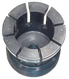 Egy hengeres fém tárgy, amelynek a felső szélén U alakú kivágása van, amely egy mechanikai vagy ipari célokra használt foglalathoz hasonlít.